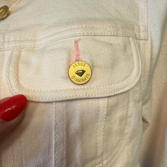 ♡ JESUS DIAMANTE Crop White/Rose Pink Denim Jacket ♡ - Picture 2 of 6